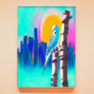 A Bird Looking at the Sun Over a City Skyline Across the Sea - Two Printable Art
